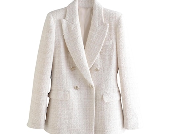 Women’s Tweed Blazer Elegant Double Breasted Office Jacket