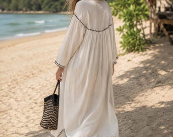 White Embroidered Kaftan Dress | Boho Beach Maxi Dress | Resort Wear