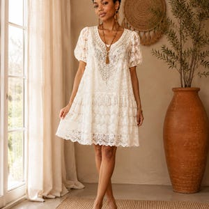 short lace boho dress Off White Tiered Lace Short Boho Wedding Dress by Mermaid Miss Kristin