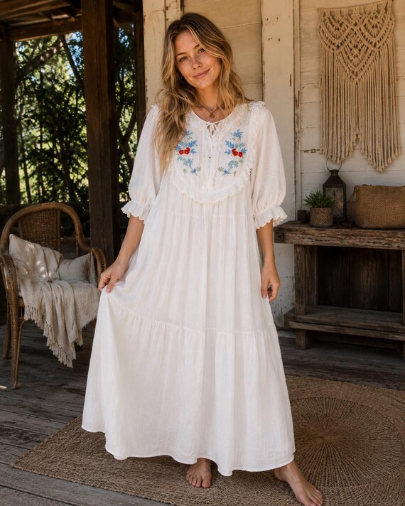 tiered boho maxi dress White Floral Embroidered | Vacation Dress | Resort Wear Black Jersey Long Sleeves fabriqué en France Colour:SUNNY LIME a romantic high