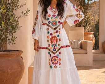 White Floral Embroidered Maxi Dress | Tiered Boho Vacation Dress