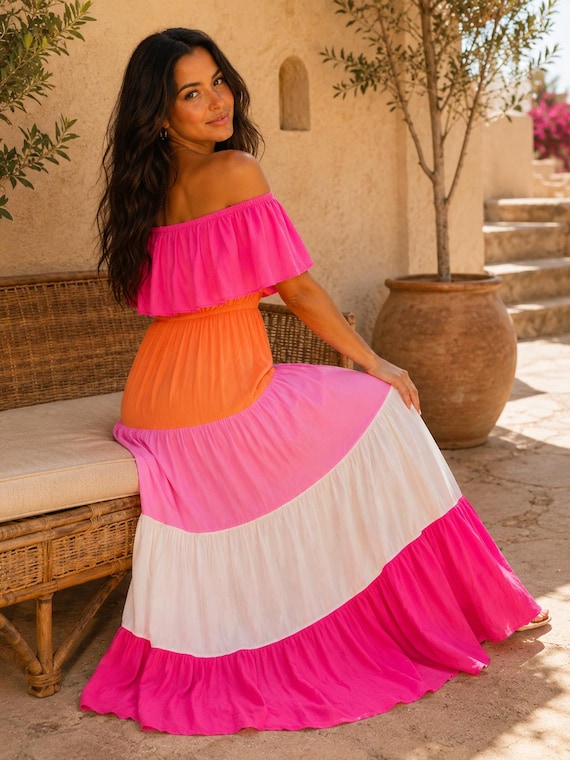 shocking pink and orange dress Lovers and Friends Sorbet Maxi Dress in Orange & Pink