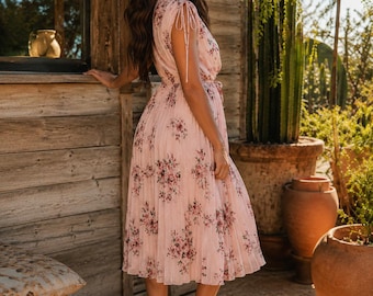 Pink Floral Midi Dress | Boho Tie Shoulder Dress | Resort Wear