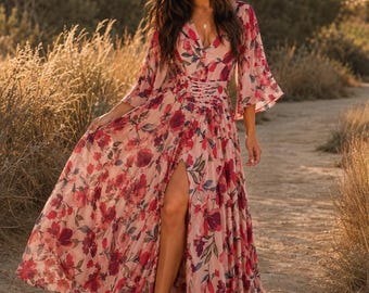 Pink Floral Maxi Dress | Boho Corset Waist Dress | Resort Wear