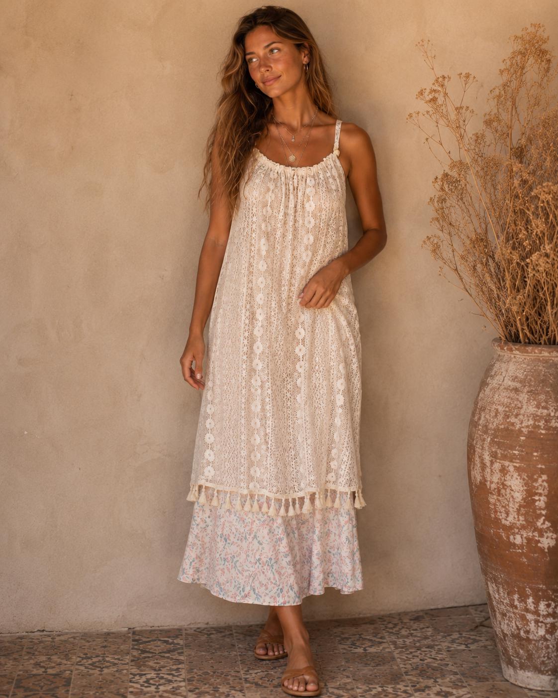 Cream Crochet Midi Dress | Layered Boho Dress | Resort Vacation Wear