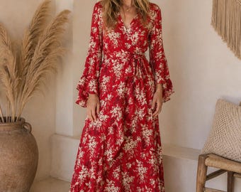 Red Floral Maxi Dress | Boho Wrap Dress | Resort Wear