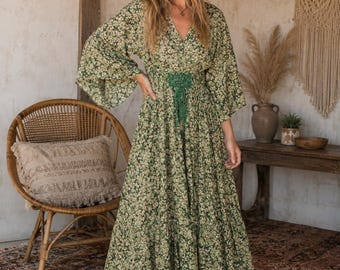 Green Floral Maxi Dress | Boho Lace Up Waist Dress | Resort Wear