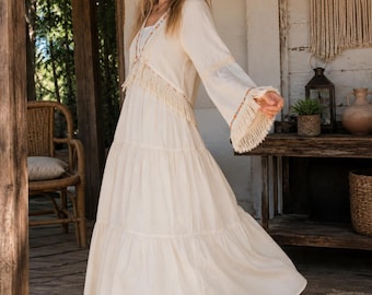 White Fringe Maxi Dress | Boho Tiered Dress | Resort Wear