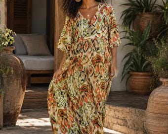 Abstract Print Maxi Dress | Boho V Neck Dress | Resort Wear