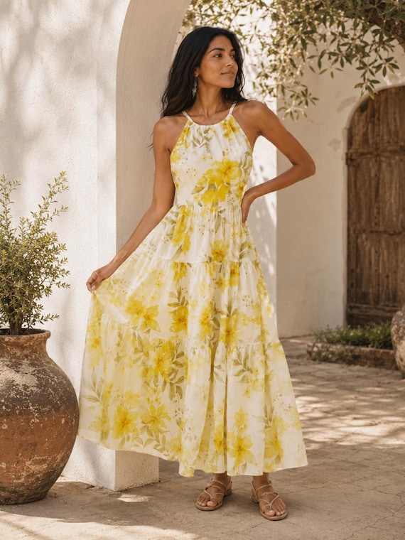 yellow floral halter maxi dress Valentina Chiffon Halter Maxi Dress / Yellow Floral Leopard Print | MESHKI