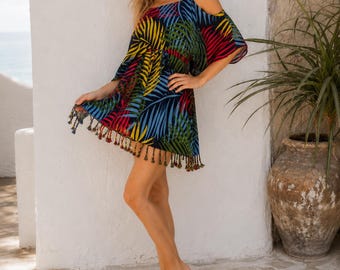 Tropical Palm Mini Dress | Boho Cold Shoulder Dress | Resort Wear