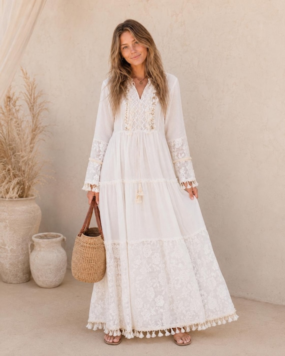 boho embroidered maxi dress White | Long Sleeve Dress | Resort Vacation Wear summer boho maxi dress