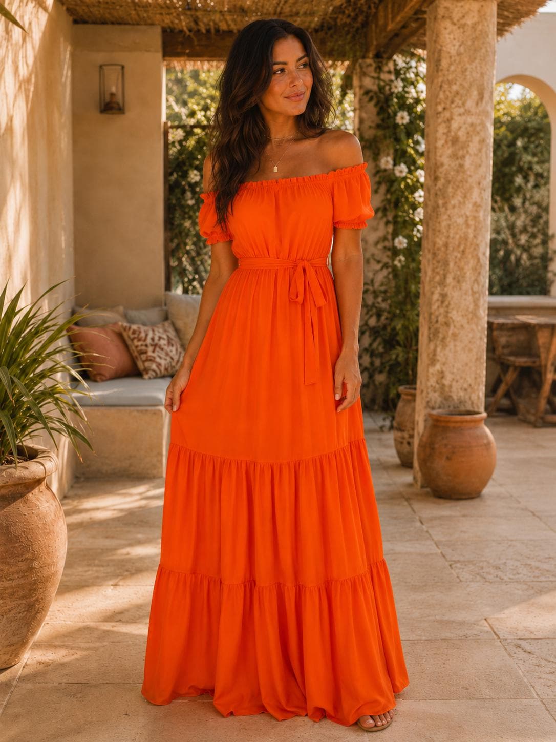 orange off the shoulder maxi dress | Boho Vacation Dress | Resort Wear Off the shoulder Final Sale Plus Size Off