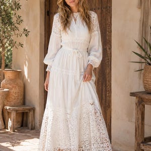 etsy white lace dress White Lace First Communion Dress: Long Puffy Sleeve Tulle Gown