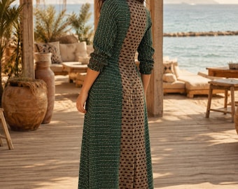 Green Geometric Maxi Dress | Boho Button Front Dress | Resort Wear