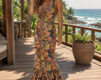 Floral Ruffle Hem Midi Dress | Boho Fitted Resort Dress | Vacation Wear