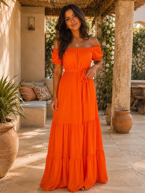 orange off the shoulder maxi dress Ludivine ocher off-shoulder cut-out ruched 5% spandex Long Sleeve Feather Bardot Sequin