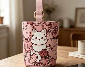 Cartoon Illustration Bucket Bag, Cute Canvas Handheld Tote Bag, Small Daily Handbag, Casual Snack Storage Purse