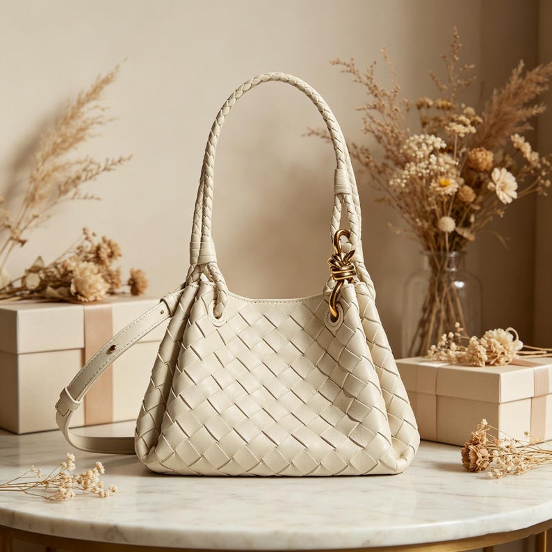 May include: Cream-colored woven leather handbag with a braided top handle and a detachable shoulder strap. The bag features a gold-tone metal clasp and a structured design. The bag is displayed on a marble surface.