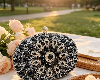 Full Rhinestone Oval Evening Clutch Bag, Glam Sparkly Crystal Crossbody Purse, Elegant Versatile Diamond‑Encrusted Handheld Bag