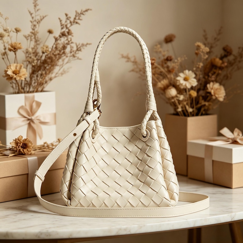 May include: Cream-colored woven leather handbag with a braided top handle and a detachable shoulder strap. The bag has a bucket shape and a textured, basket-weave design. The background includes decorative floral arrangements and gift boxes.