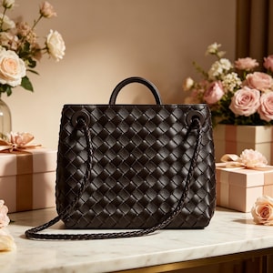 Puede incluir: Un bolso de mano de cuero tejido marr&oacute;n oscuro con un asa superior y correas trenzadas. El bolso tiene forma cuadrada y est&aacute; colocado sobre una superficie de m&aacute;rmol, con arreglos florales y cajas de regalo en el fondo.