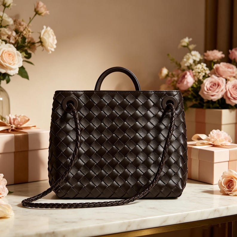 Puede incluir: Un bolso de mano de cuero tejido marr&oacute;n oscuro con un asa superior y correas trenzadas. El bolso tiene forma cuadrada y est&aacute; colocado sobre una superficie de m&aacute;rmol, con arreglos florales y cajas de regalo en el fondo.