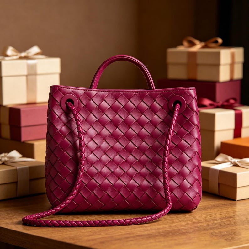 Puede incluir: Un bolso de mano de cuero tejido burdeos con asa superior y bandolera trenzada. El bolso es de forma cuadrada y est&aacute; sobre una superficie de madera. Cajas de regalo con lazos en el fondo.