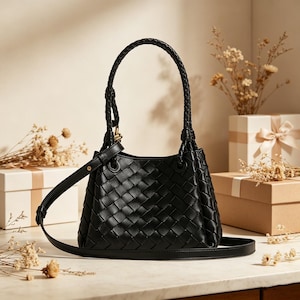 May include: A black woven leather handbag with a braided top handle and a detachable shoulder strap. The bag has a structured shape and a gold-tone metal clasp. The background includes gift boxes and dried flowers.