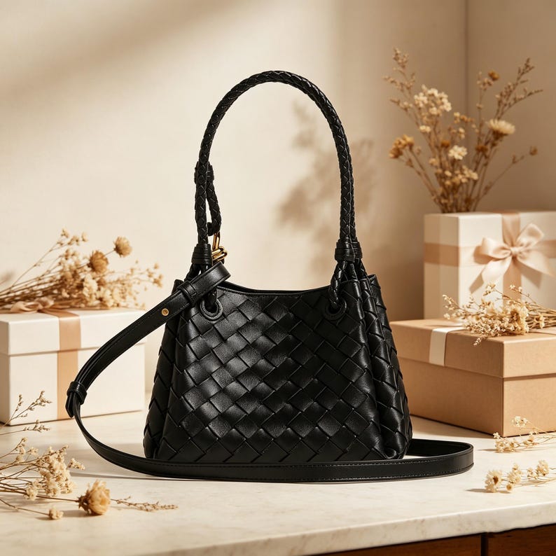 May include: A black woven leather handbag with a braided top handle and a detachable shoulder strap. The bag has a structured shape and a gold-tone metal clasp. The background includes gift boxes and dried flowers.