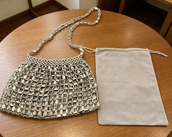 Handmade Silver Beaded Woven Shoulder Bag, Glam Mesh Chainmail Crossbody Purse, Sparkly Metallic Beadwork Evening Bag