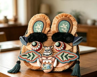Folk Tiger Head Crossbody Bag, Hand Embroidered Traditional Lucky Beast Purse, Vintage Ethnic Boho Shoulder Bag