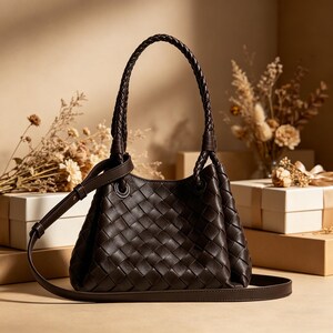 May include: A dark brown leather handbag with a woven pattern. The bag has a braided handle and a detachable shoulder strap. The background includes dried flowers and gift boxes, suggesting a focus on fashion and accessories.