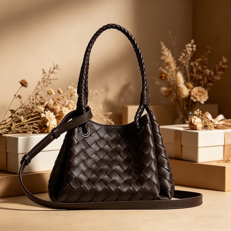 May include: A dark brown leather handbag with a woven pattern. The bag has a braided handle and a detachable shoulder strap. The background includes dried flowers and gift boxes, suggesting a focus on fashion and accessories.