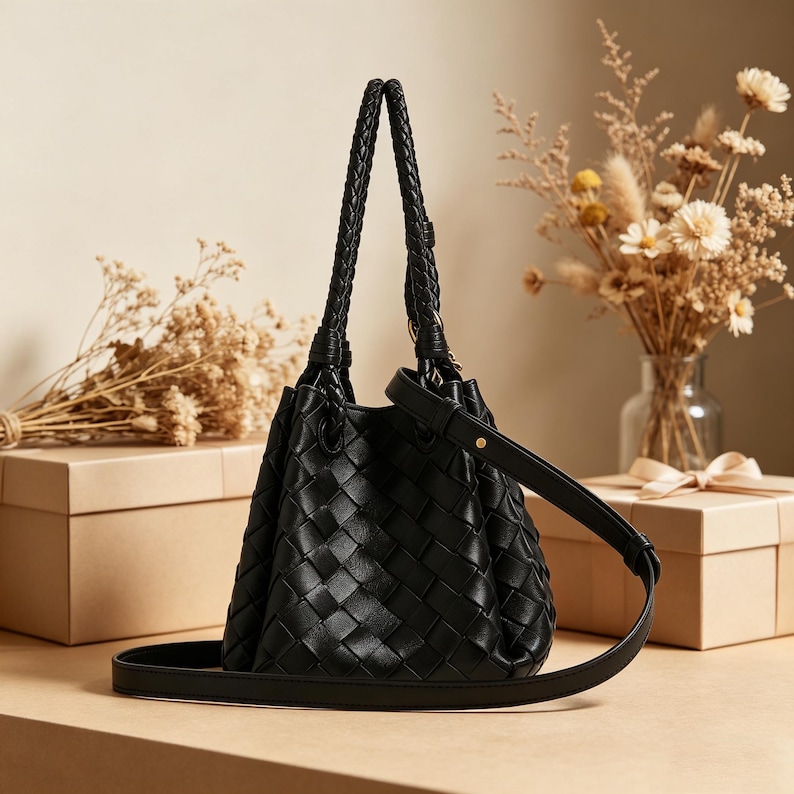 May include: A black woven leather handbag with a braided handle and a long, adjustable shoulder strap. The bag has a bucket shape and a drawstring closure. The background includes dried flowers and gift boxes.