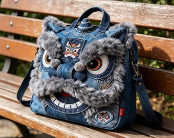 Lion Dance Embroidered Denim Backpack, Hand‑crafted Ethnic Totem Commute Bag, Unique Boho Animal‑Face Crossbody Tote