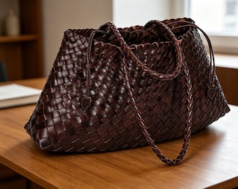 Bolso tote tejido de cuero genuino de primera calidad, bolso cubo Intrecciato hecho a mano, bolso bandolera marrón de gran capacidad.