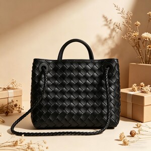 Puede incluir: Bolso de mano de cuero negro tejido con asa superior y bandolera trenzada. El bolso tiene forma cuadrada y un dise&ntilde;o texturizado de tejido de cesta. El bolso est&aacute; sobre una superficie neutra con flores secas y una caja de regalo en el fondo.
