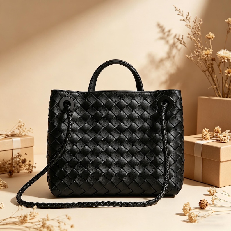 Puede incluir: Bolso de mano de cuero negro tejido con asa superior y bandolera trenzada. El bolso tiene forma cuadrada y un dise&ntilde;o texturizado de tejido de cesta. El bolso est&aacute; sobre una superficie neutra con flores secas y una caja de regalo en el fondo.