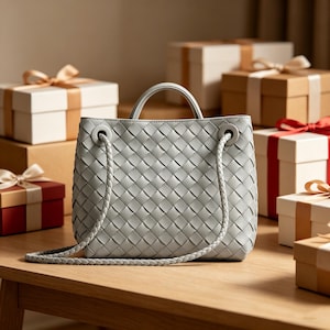 Puede incluir: Un bolso tejido gris claro con una correa trenzada y un asa superior. El bolso est&aacute; sobre una mesa de madera, rodeado de cajas de regalo envueltas con cintas.