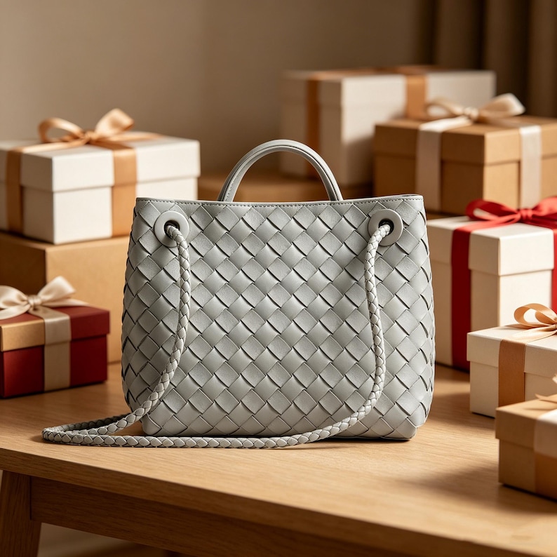 Puede incluir: Un bolso tejido gris claro con una correa trenzada y un asa superior. El bolso est&aacute; sobre una mesa de madera, rodeado de cajas de regalo envueltas con cintas.