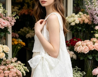 White Lace Floral Tote Bag, Canvas Shoulder Handbag, Large Capacity Commuter Purse