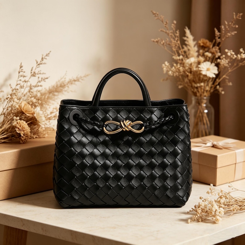 Puede incluir: Bolso de mano de cuero negro tejido con un detalle de nudo dorado. El bolso tiene una forma estructurada con un asa superior y un cierre de cord&oacute;n trenzado. El bolso est&aacute; sobre una superficie de m&aacute;rmol.