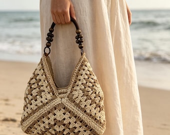 Handmade Crochet Straw Tote Bag, Boho Hollow Woven Shoulder Bag, Lazy Coastal Beach Vacation Basket Purse