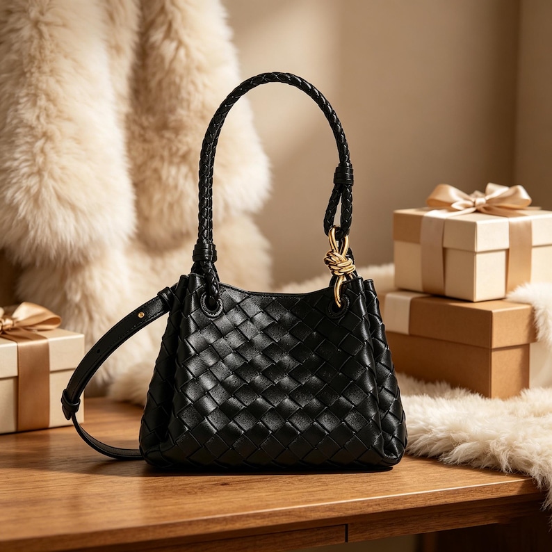 May include: A black woven leather handbag with a braided top handle and a gold-toned knot detail. The bag has a detachable shoulder strap and a structured shape. The background includes gift boxes and a fluffy, cream-colored texture.