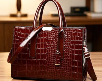Glossy Croc‑Embossed Tote Bag, Large Capacity Single‑Shoulder Crossbody Purse, Vintage Brown Structured Work Handbag