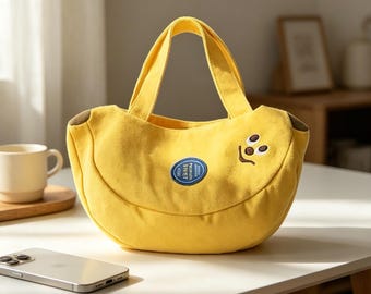 Cute Banana Cartoon Canvas Handbag, Embroidered Small Tote Bag, Mom Daily Essentials Pouch, Office Worker Mini Handheld Bag