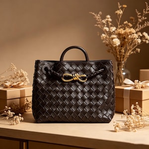 Puede incluir: Un bolso de mano de cuero tejido marr&oacute;n oscuro con un asa superior y un detalle de nudo dorado. El bolso tiene una forma estructurada y un acento trenzado en los laterales. El fondo incluye flores secas y cajas de regalo.
