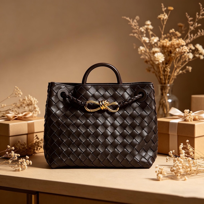 Puede incluir: Un bolso de mano de cuero tejido marr&oacute;n oscuro con un asa superior y un detalle de nudo dorado. El bolso tiene una forma estructurada y un acento trenzado en los laterales. El fondo incluye flores secas y cajas de regalo.