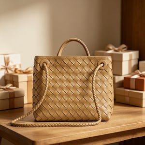 Puede incluir: Un bolso de mano de cuero tejido de color beige con una correa trenzada para el hombro y un asa superior. El bolso cuadrado est&aacute; sobre una superficie de madera, con cajas de regalo en el fondo.